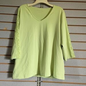Susan Graver Liquid Knit Chartreuse‎ Green Lace Sleeve V Neck 3/4 Sleeve Large